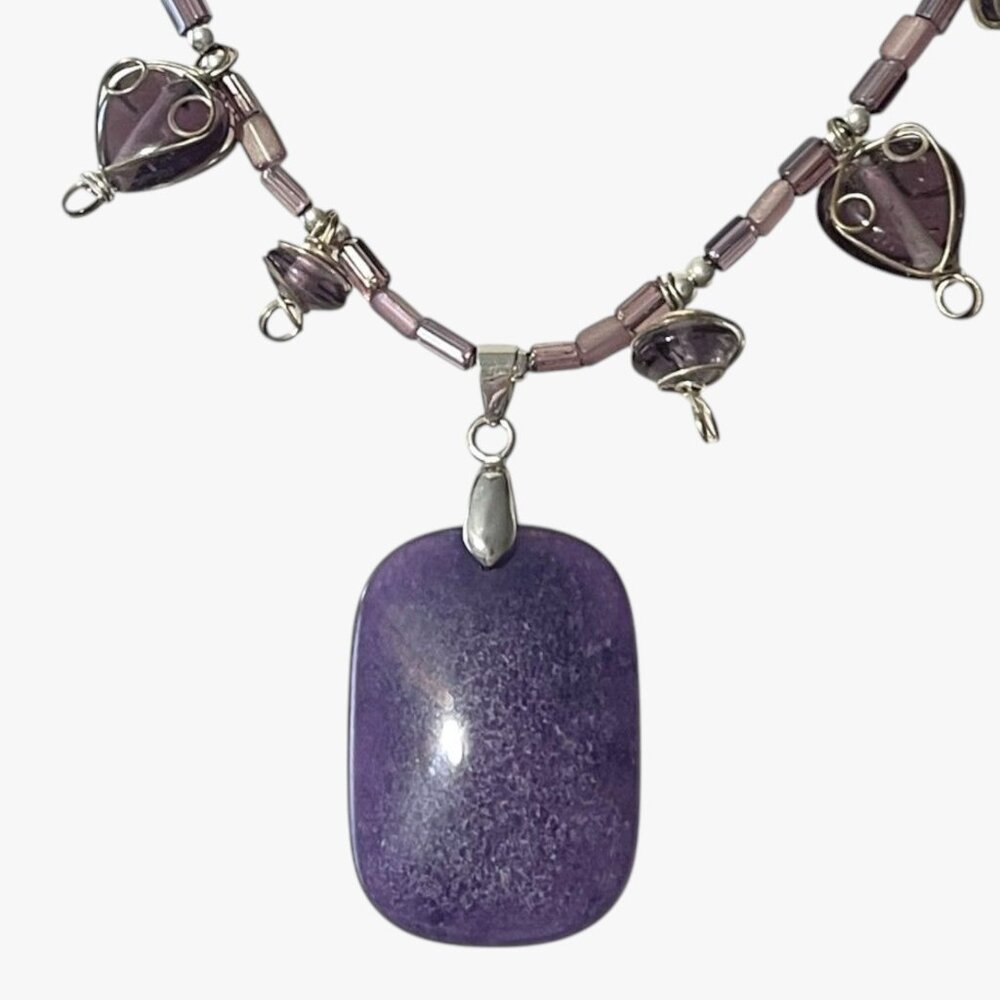 Handmade Purple Cabochon Pendant Necklace Wire Wrapped Glass Bead Dangle Charms